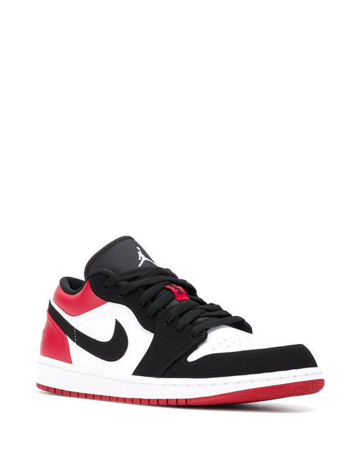 Air Jordan 1 Low Black Toe Sneakers — White/Red/Black Leather — Size US M 11.5 - US W 13 — Side View