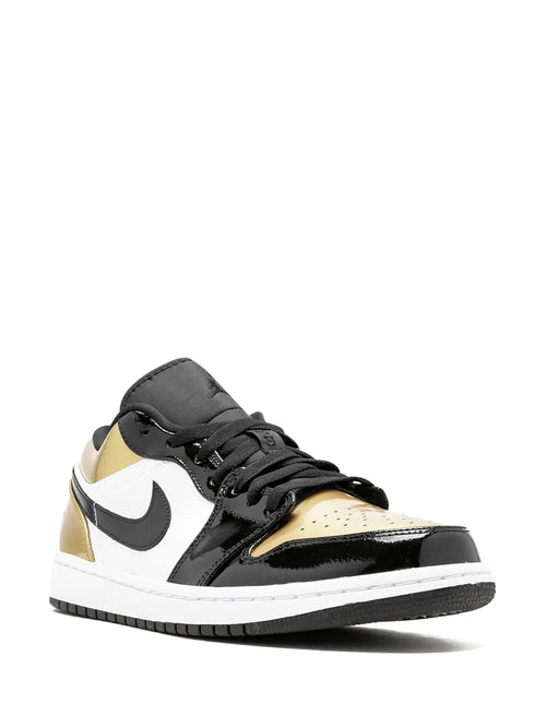 Air Jordan 1 Low Gold Toe Sneakers — Black/White/Gold-Tone — Size US M 9.5 - US W 11 — Side View