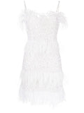 Rachel Gilbert Frenchy Sequin Embellished Feather Minidress — White — Size XS — Front View