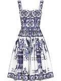 Dolce Gabbana Majolica Print Corset Midi Dress — White/ Blue — Size M — Front View