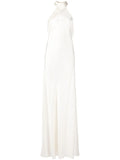 Michelle Mason Backless Halter Neck Tie Gown — White/ Ivory — Size XS — Front View