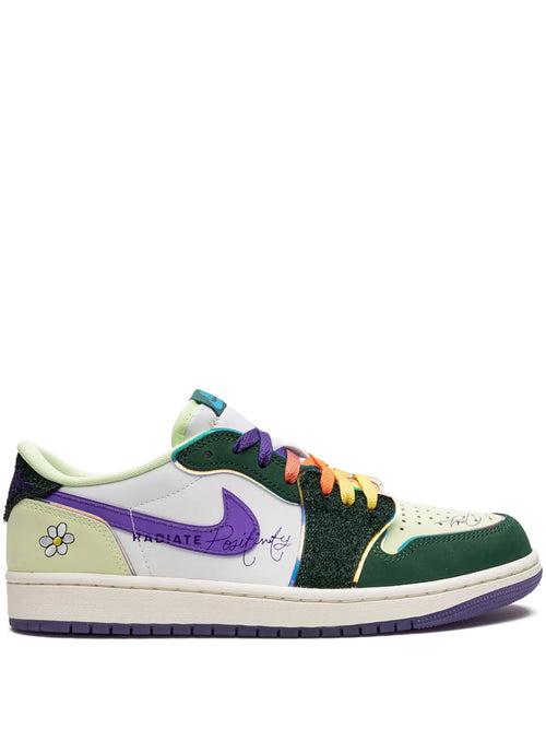 Air Jordan 1 Low Og Doernbecher 2023 Sneakers — Green/Purple/White — Size US M 10.5 - US W 12 — Front View