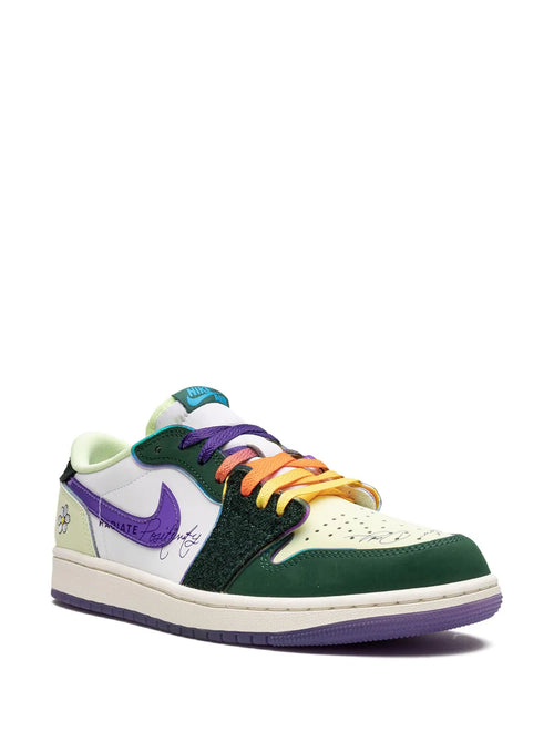 Air Jordan 1 Low Og Doernbecher 2023 Sneakers — Green/Purple/White — Size US M 10.5 - US W 12 — Side View