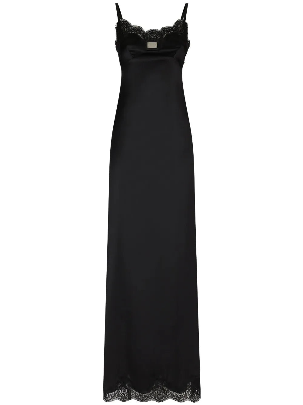 Dolce Gabbana Lace Trimmed Satin Gown — Black/ Red/ Silver — Size XS — Front View