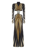 Roberto Cavalli Ray Of Gold Print Gown — Black/ Gold — Size XS — Front View