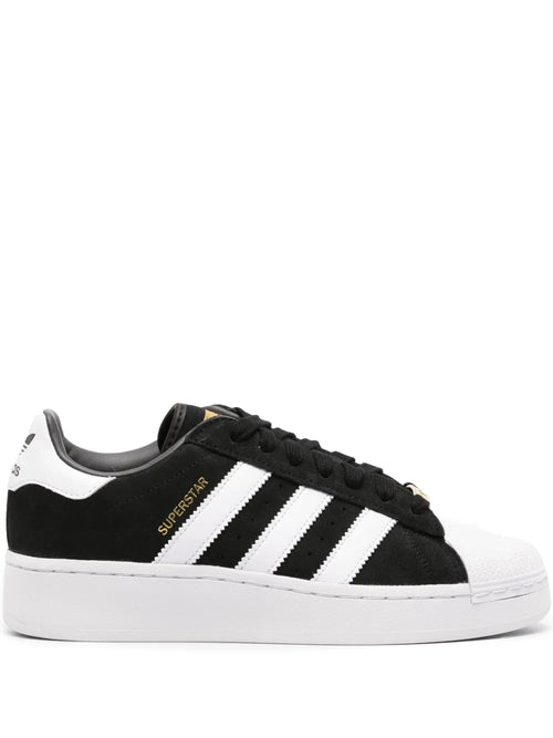 adidas Superstar Xlg Suede Leather Sneakers — Black/White/Gold-Tone — Size US M 9.5 - US W 11 — Front View