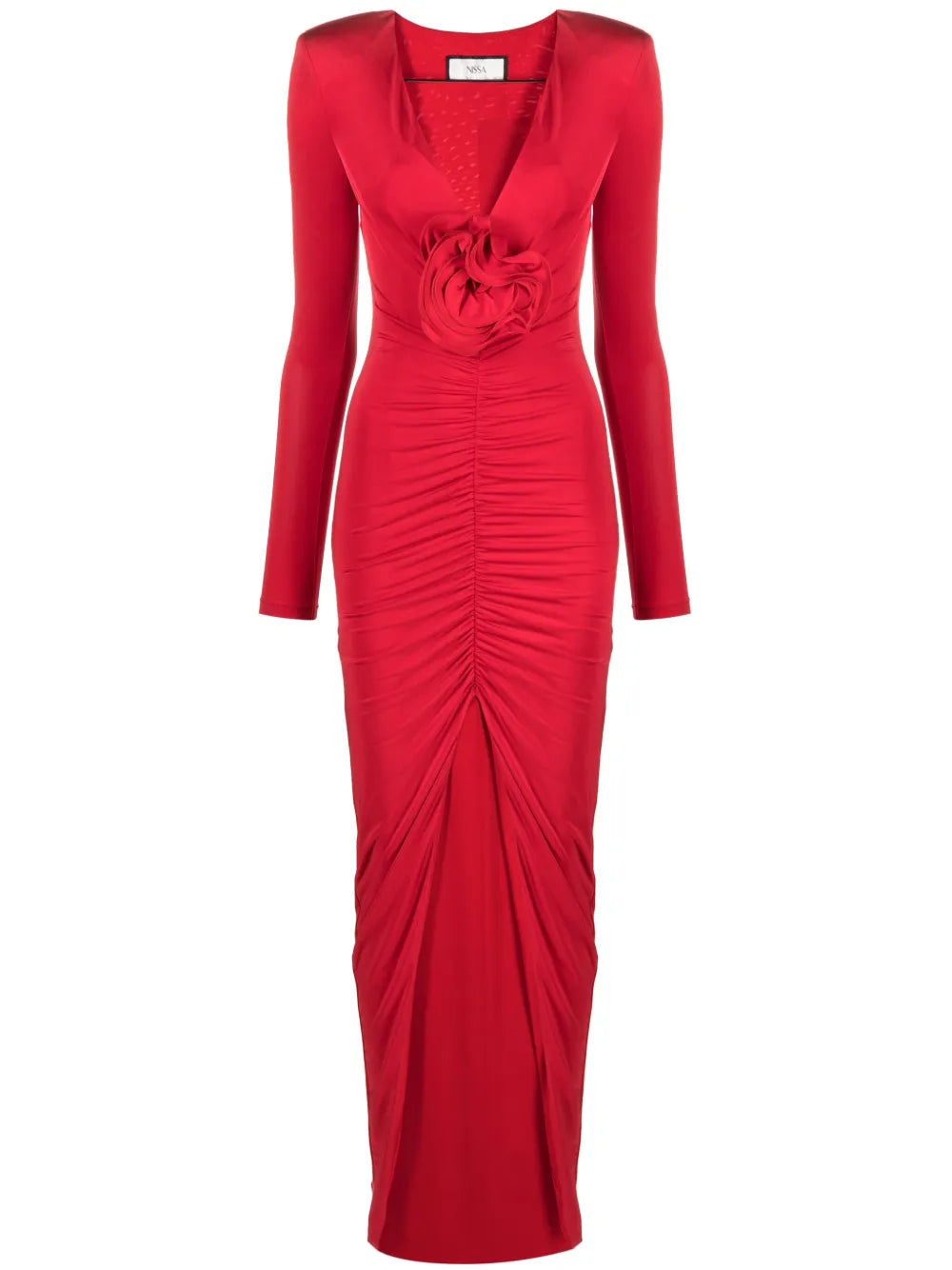 Nissa Floral Applique Ruched Maxi Dress — Red — Size S — Front View