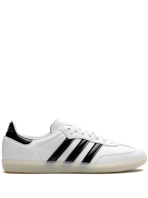 adidas X Jason Dill Samba Patent-Leather Sneakers — White/Black — Size US M 5 - US W 6.5 — Front View