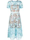 Self Portrait Guipure Lace Flared Midi Dress — Blue/ Red — Size XS — Front View