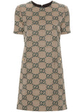 Gucci Gg Jacquard Wool Dress — Brown/ Green/ Gold — Size XS — Front View