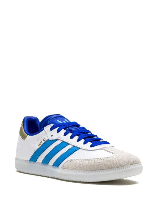 adidas X Lionel Messi Samba Sneakers — White/Royal Blue/Gold-Tone — Size US M 6 - US W 7.5 — Side View