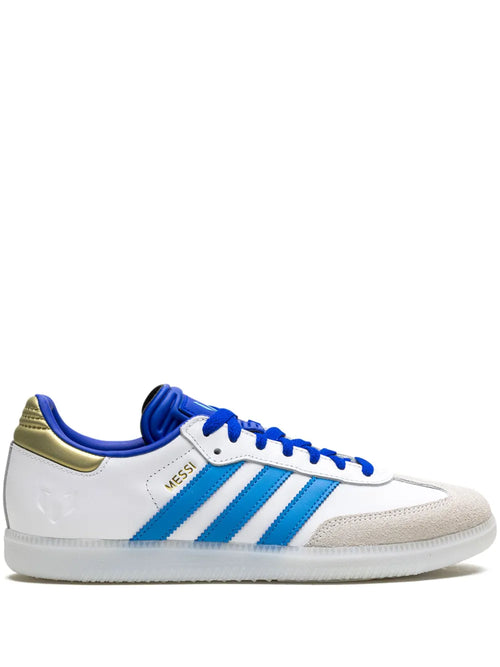 adidas X Lionel Messi Samba Sneakers — White/Royal Blue/Gold-Tone — Size US M 6 - US W 7.5 — Front View