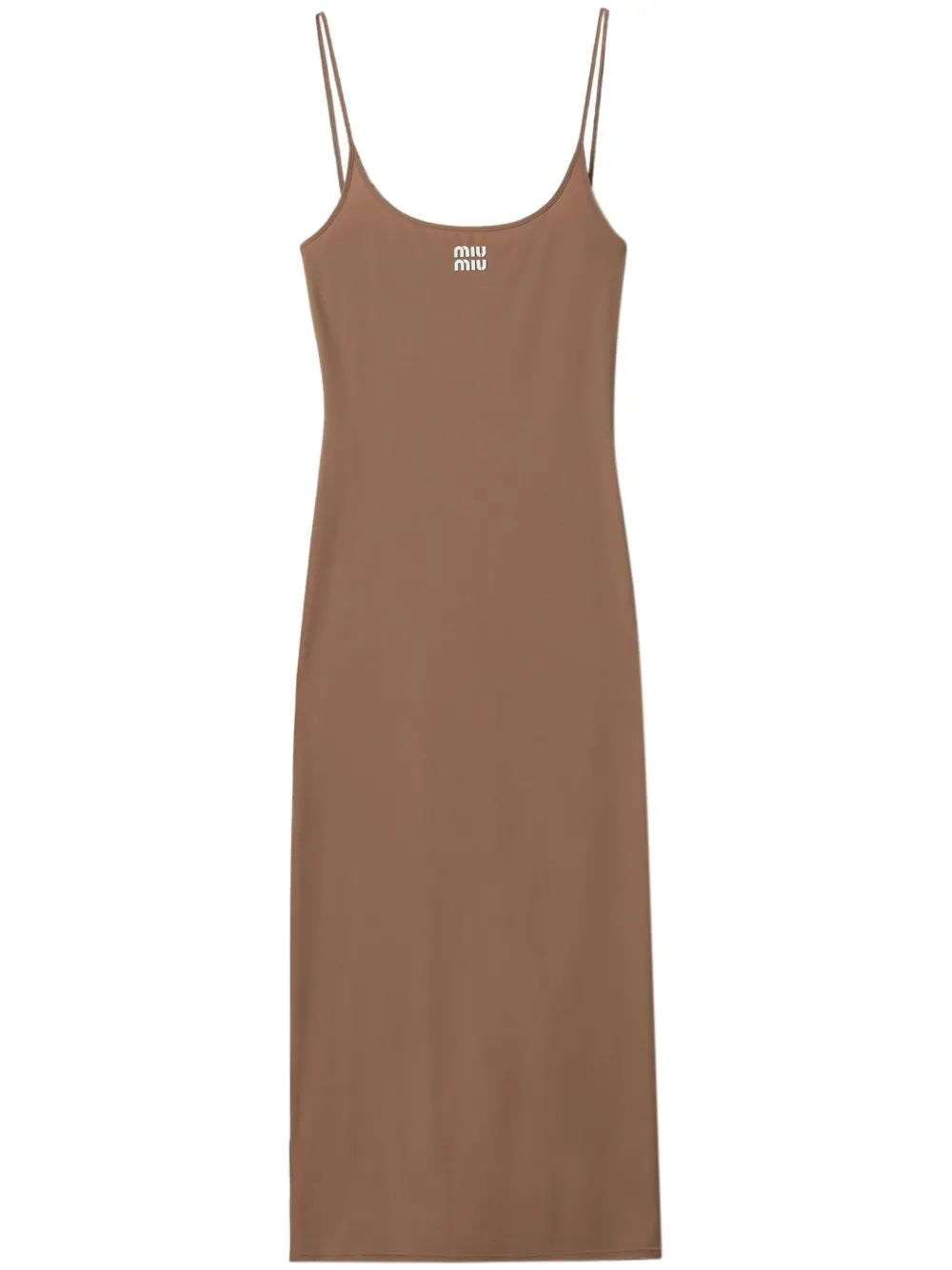 Miu Miu Logo Print Jersey Midi Dress — Brown — Size XS — Front View
