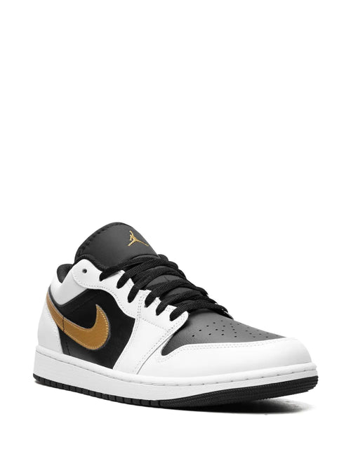 Air Jordan 1 Low Gold Swoosh Sneakers — White/Black — Size US M 9.5 - US W 11 — Side View