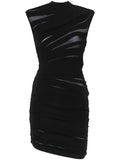 Mugler Ruched Sheer Mini Dress — Black/ Tan — Size XS — Front View