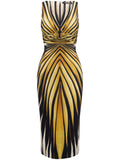Roberto Cavalli Ray Of Gold Print Midi Dress — Gold — Size XS — Front View