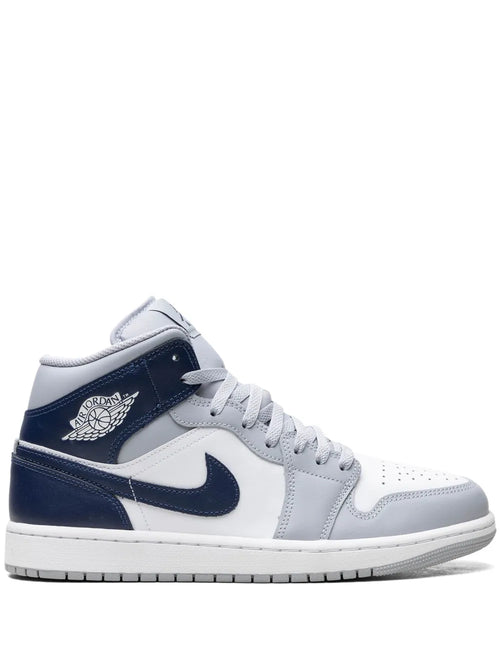 Air Jordan 1 Grey Sneakers — Grey/Navy Blue — Size US M 6.5 - US W 8 — Front View
