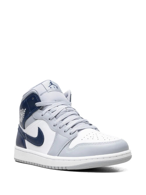 Air Jordan 1 Grey Sneakers — Grey/Navy Blue — Size US M 6.5 - US W 8 — Side View