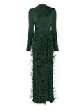 Lapointe Feathers Embellished Jersey Maxi Dress — Green — Size XS — Front View