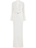 Elisabetta Franchi Belted Crepe Maxi Dress — White — Size XS — Front View
