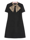 Valentino Garavani Leopard Bow Mini Dress — Black — Size XS — Front View