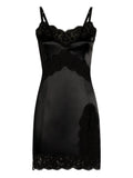 Dolce Gabbana Lace Trimmed Satin Slip Mini Dress — Black — Size XS — Front View