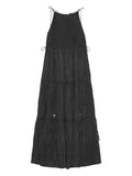 Ganni Tie Strap Smocked Maxi Dress — Black — Size XS — Front View