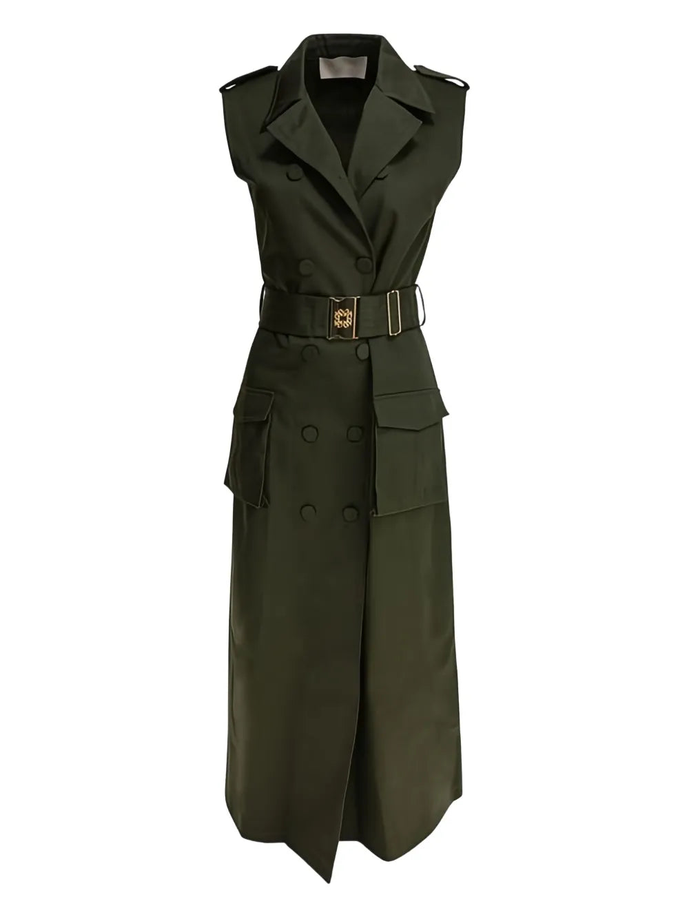 Elie Saab Belted Double Breasted Midi Dress — Green — Size XS — Front View