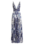 Dolce Gabbana Pleated Print Dress — Blue — Size XS — Front View