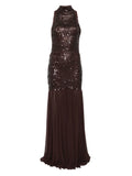 Atu Body Couture Sequinned High Neck Dress — Brown/ Red — Size S — Front View