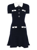 Self Portrait Collared Button Detail Mini Dress — Blue/ Red — Size XS — Front View