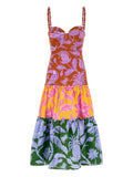 Farm Rio Tropical Print Tiered Midi Dress — Red/ Orange — Size S — Front View