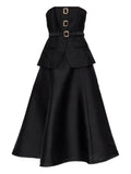 Self Portrait Belted Buckle Detail Dress — Black/ Red — Size S — Front View