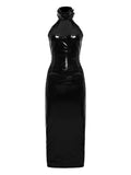 Lika High Neck Open Back Midi Dress — Black — Size L — Front View