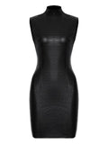 Lika High Neck Crocodile Effect Mini Dress — Black — Size S — Front View
