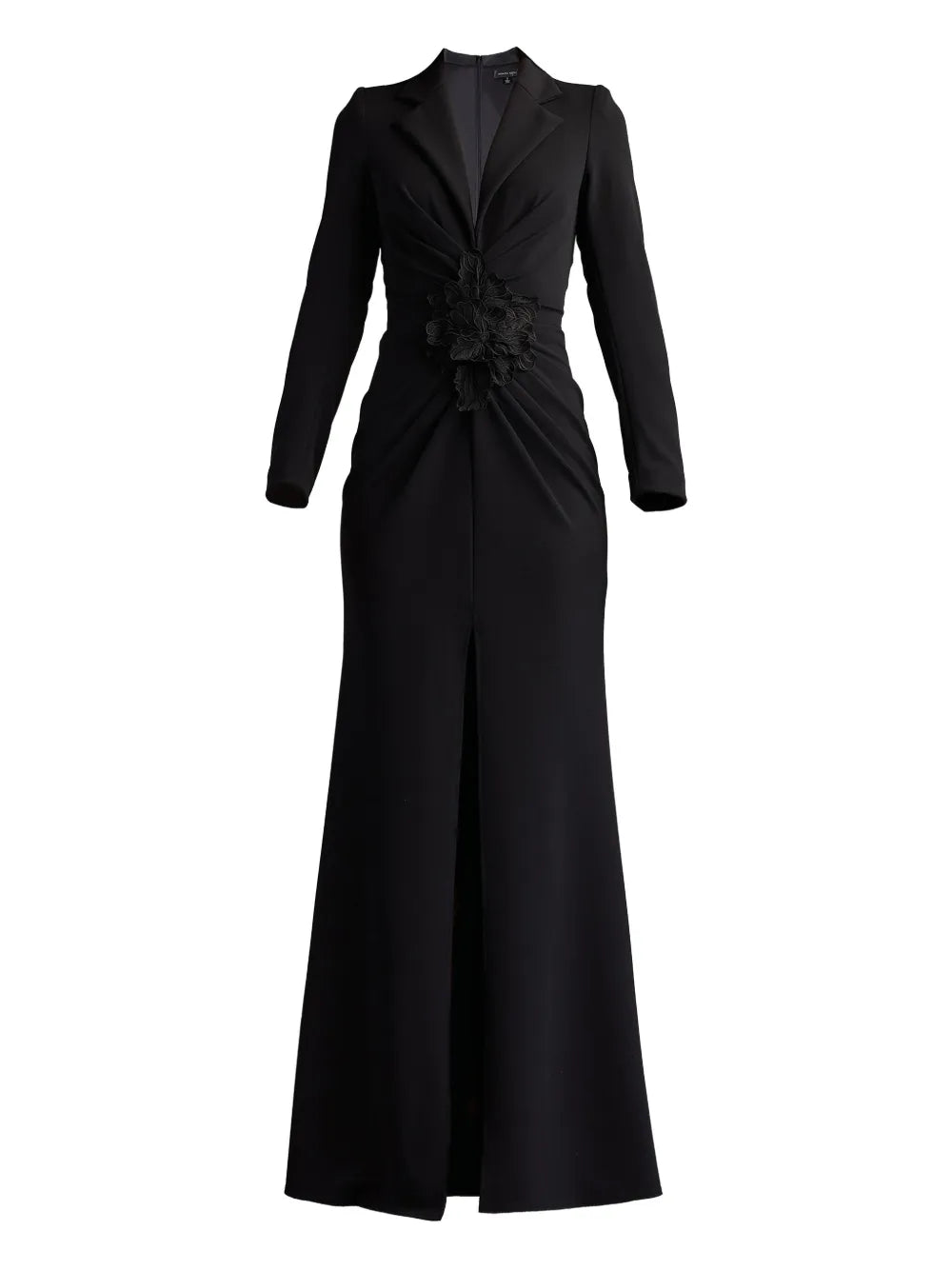Tadashi Shoji Flower Embellished V Neck Gown — Black — Size XS — Front View