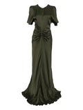 Victoria Beckham Bella Draped Short Sleeve Dress — Red/ Green/ Olive — Size XS — Front View