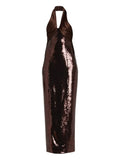 Retrofete Sequin Halterneck Midi Dress — Brown — Size S — Front View