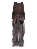 Miau By Clara Rotescu Paisley Print Ruffle Hem Asymmetric Dress — Black — Size XS — Front View