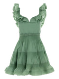 Zimmermann Pleated Ruffled Mini Dress — Red/ Green — Size XS — Front View