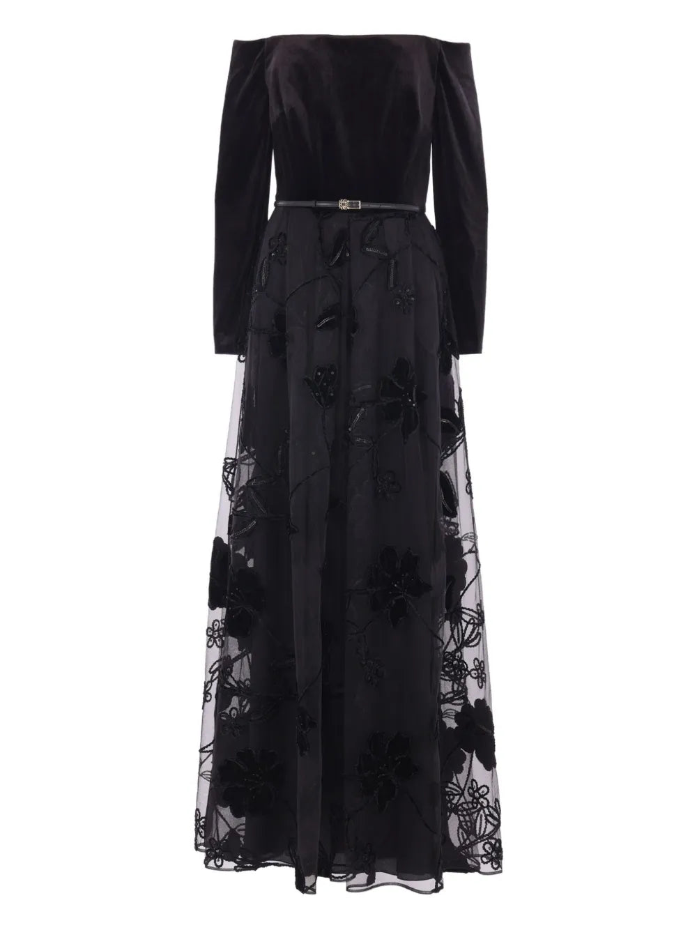 Elie Saab Velvet Floral Embroidered Tulle Dress — Black/ Red — Size XS — Front View