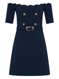 Rebecca Vallance Off Shoulder Belted Dress — Blue/ Navy — Size XS — Front View