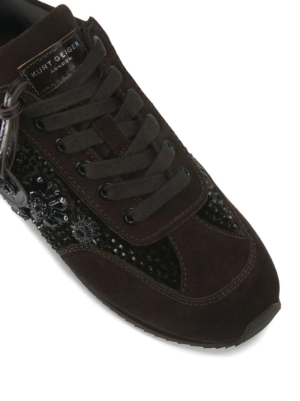 Kurt Geiger London Chelsea Jewel Tag — Dark Brown — Size US M 3.5 - US W 5 — Top View