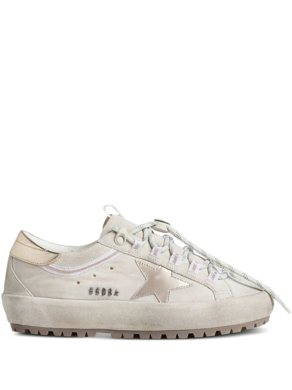 Golden Goose Super-Star Ski In Light Gray Nylon With Metallic Leather — White — Size US M 3.5 - US W 5 — Front View