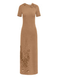 Oscar De La Renta Foxglove Embroidered Dress — Brown/ Red — Size XS — Front View