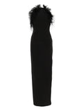 The Attico Feather Trim Maxi Dress — Black — Size S — Front View
