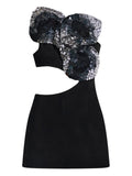 Area Embroidered Cut Out Mini Dress — Black/ Red — Size XS — Front View