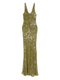 Galvan London Sequin Valletta Gown Maxi Dress — Green/ Olive — Size XS — Front View