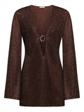 Oseree Lumiere V Neck Mini Dress — Brown — Size M — Front View