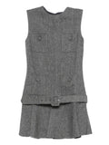Self Portrait Herringbone Buckled Mini Dress — Grey/ Red — Size XS — Front View